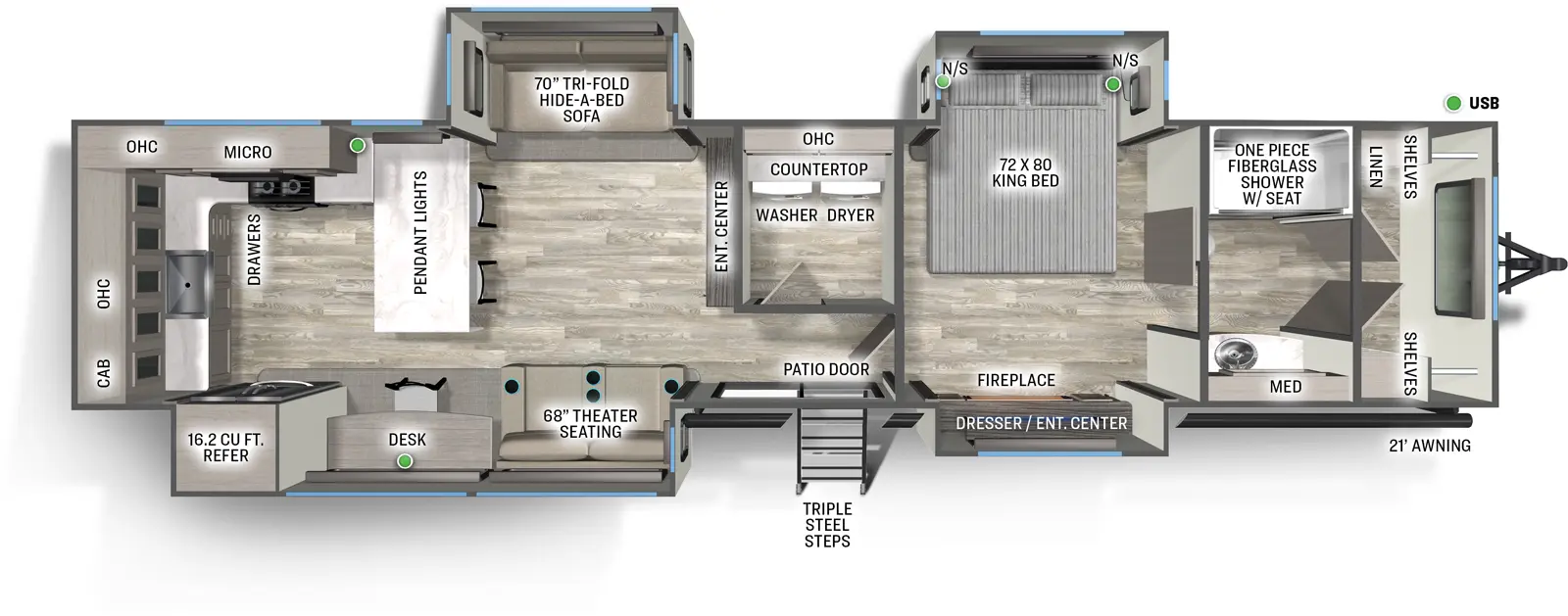 The Sierra Destination 395MMG floorplan has one entry and four slide outs. Exterior features include: fiberglass exterior and 21' awning. Interiors features include: rear kitchen.